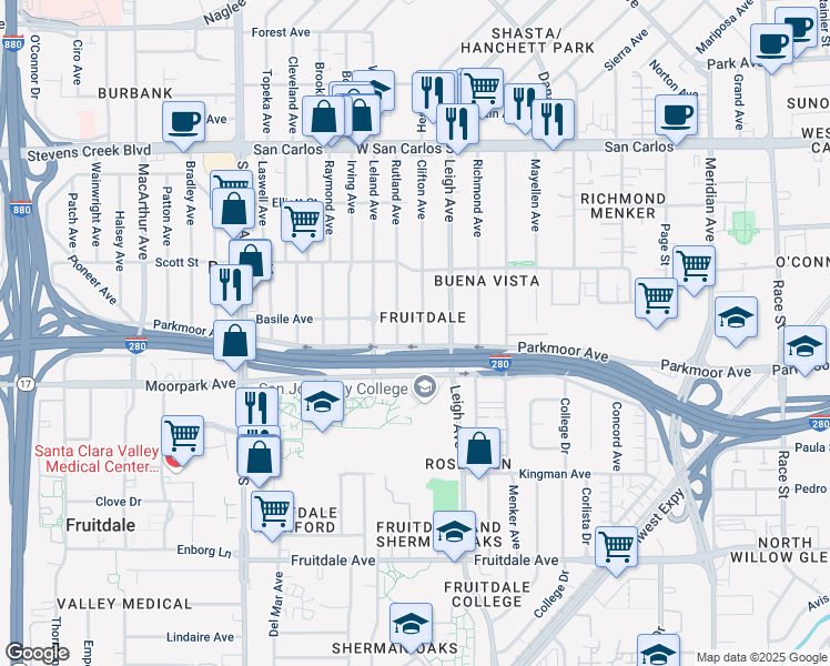 map of restaurants, bars, coffee shops, grocery stores, and more near in San Jose