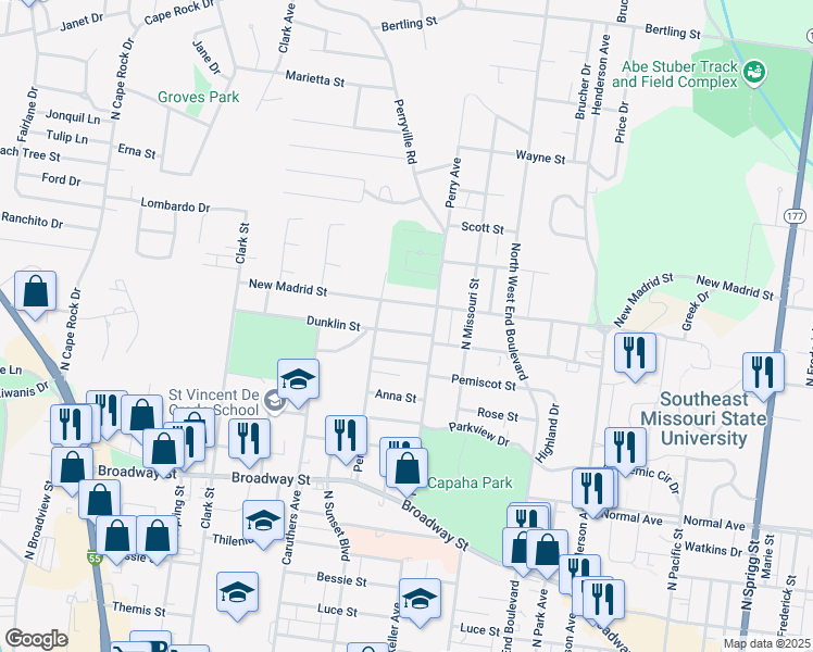 map of restaurants, bars, coffee shops, grocery stores, and more near 1724 Dunklin Street in Cape Girardeau