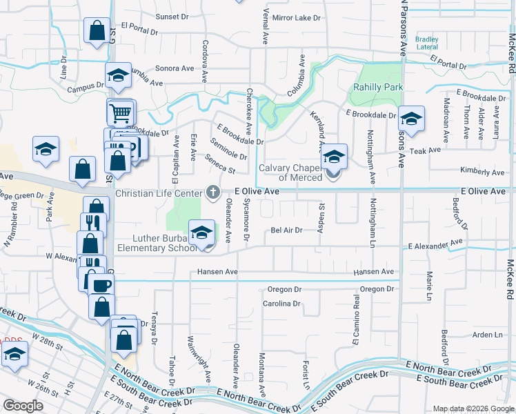 map of restaurants, bars, coffee shops, grocery stores, and more near 3009 Colony Park Drive in Merced