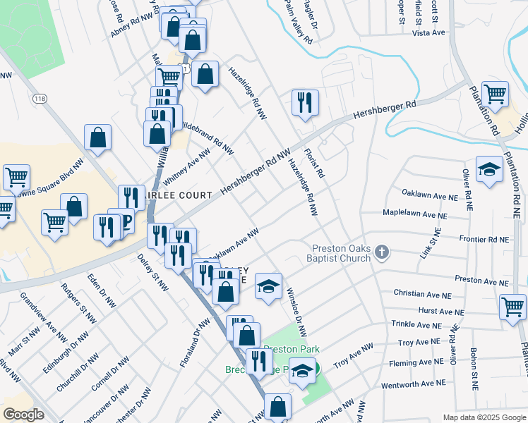 map of restaurants, bars, coffee shops, grocery stores, and more near 3319 Birchlawn Avenue Northwest in Roanoke