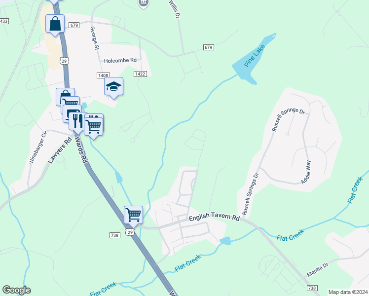 map of restaurants, bars, coffee shops, grocery stores, and more near 76 Gloucester Drive in Lynchburg