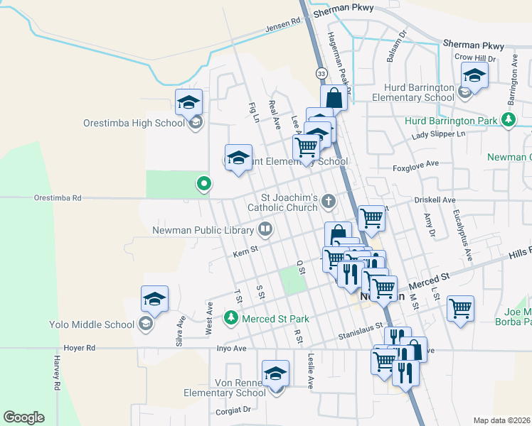 map of restaurants, bars, coffee shops, grocery stores, and more near 1120 R Street in Newman