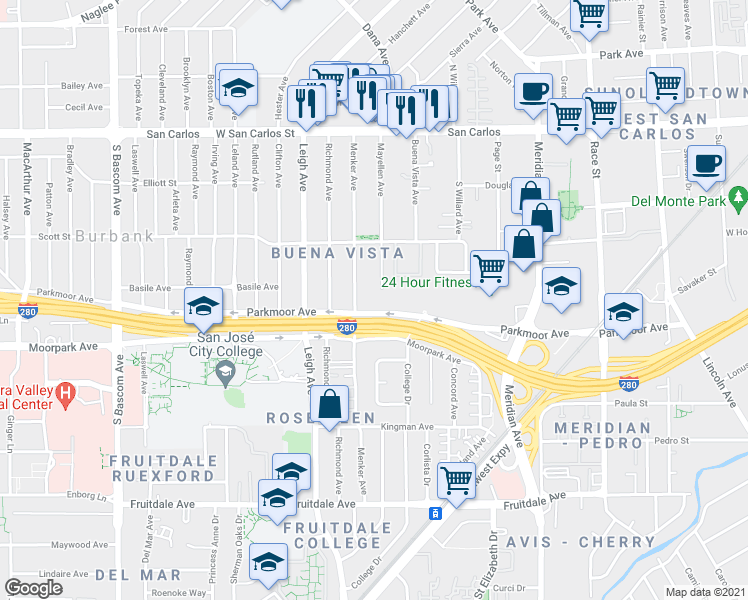 map of restaurants, bars, coffee shops, grocery stores, and more near 588 Menker Avenue in San Jose