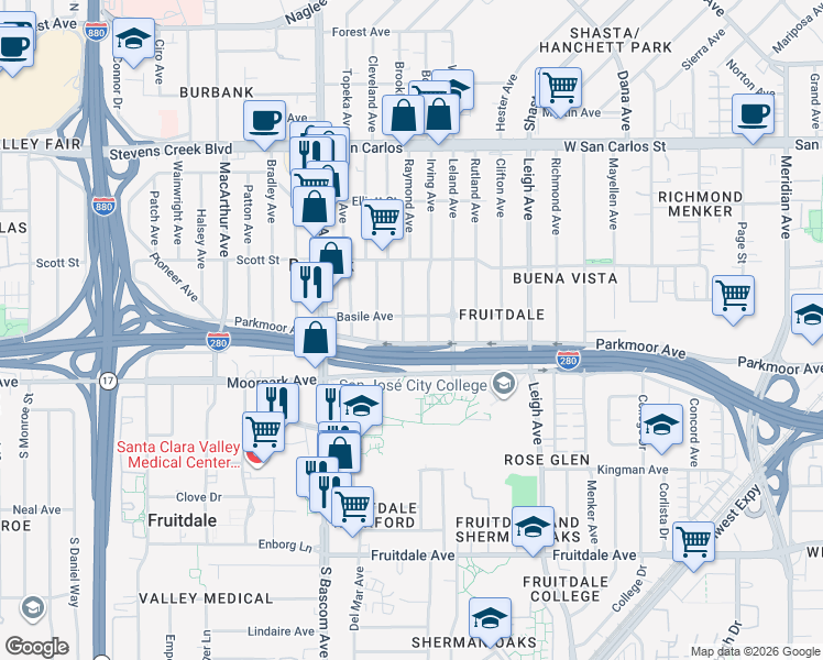 map of restaurants, bars, coffee shops, grocery stores, and more near 569 Raymond Avenue in San Jose