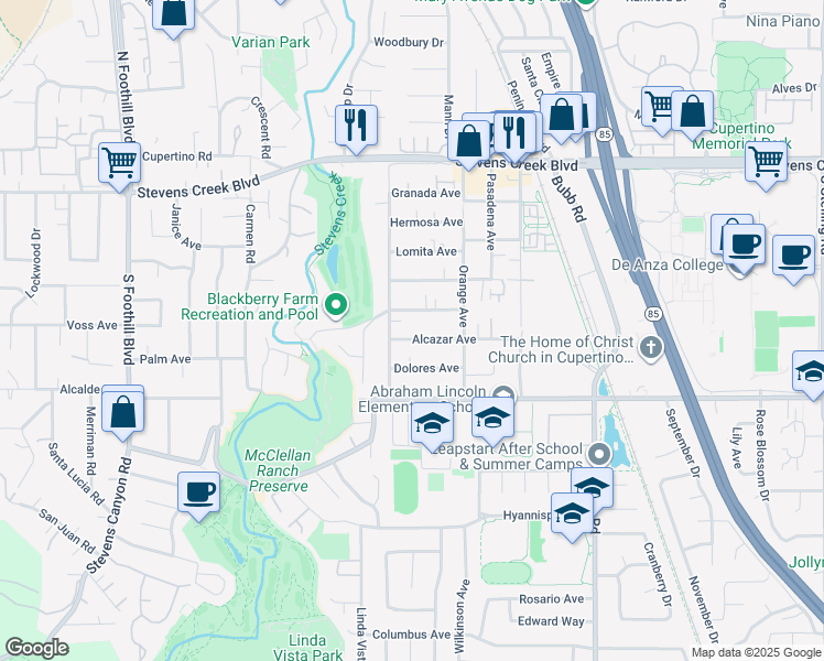map of restaurants, bars, coffee shops, grocery stores, and more near 10400 Byrne Avenue in Cupertino