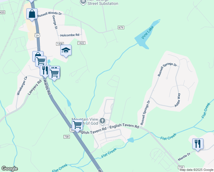 map of restaurants, bars, coffee shops, grocery stores, and more near 76 Gloucester Drive in Lynchburg