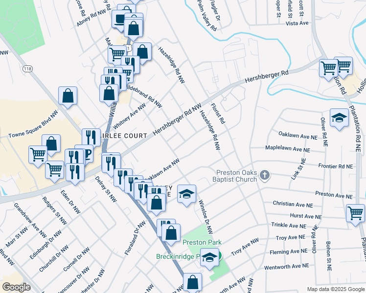 map of restaurants, bars, coffee shops, grocery stores, and more near 3319 Birchlawn Avenue Northwest in Roanoke