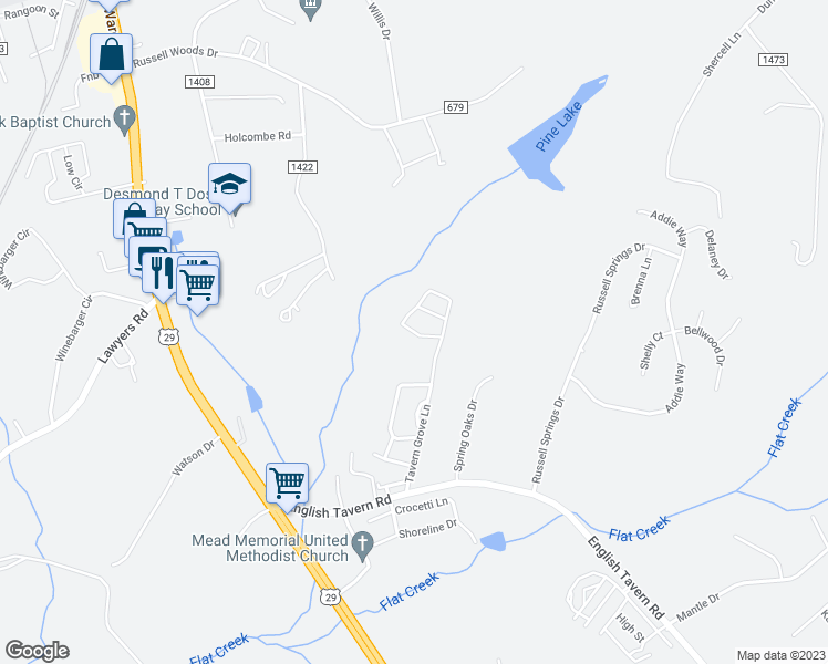 map of restaurants, bars, coffee shops, grocery stores, and more near 71 Gloucester Drive in Lynchburg