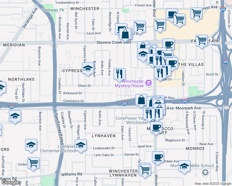 map of restaurants, bars, coffee shops, grocery stores, and more near 623 Redberry Way in San Jose
