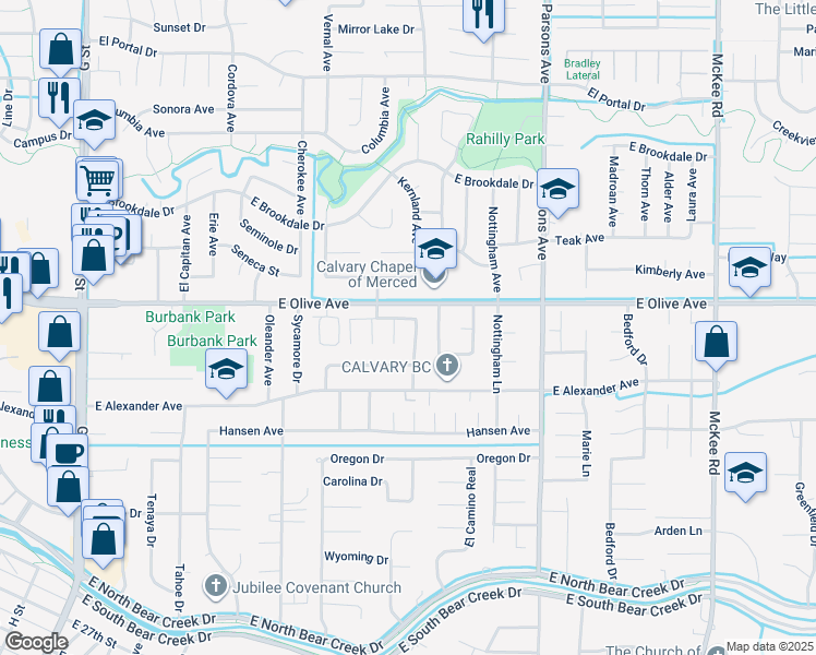 map of restaurants, bars, coffee shops, grocery stores, and more near 3077 Aspen Street in Merced