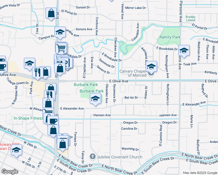 map of restaurants, bars, coffee shops, grocery stores, and more near 3074 Oleander Avenue in Merced