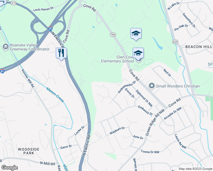map of restaurants, bars, coffee shops, grocery stores, and more near 2955 Emissary Drive in Roanoke