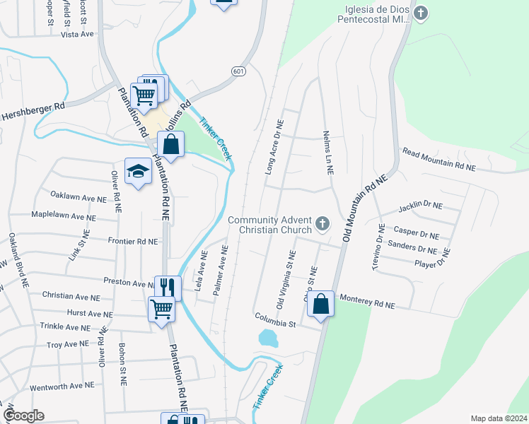 map of restaurants, bars, coffee shops, grocery stores, and more near 4520 Long Acre Drive Northeast in Roanoke