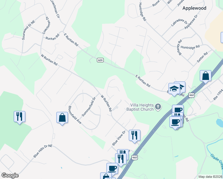 map of restaurants, bars, coffee shops, grocery stores, and more near 1803 Greenmont Court in Roanoke