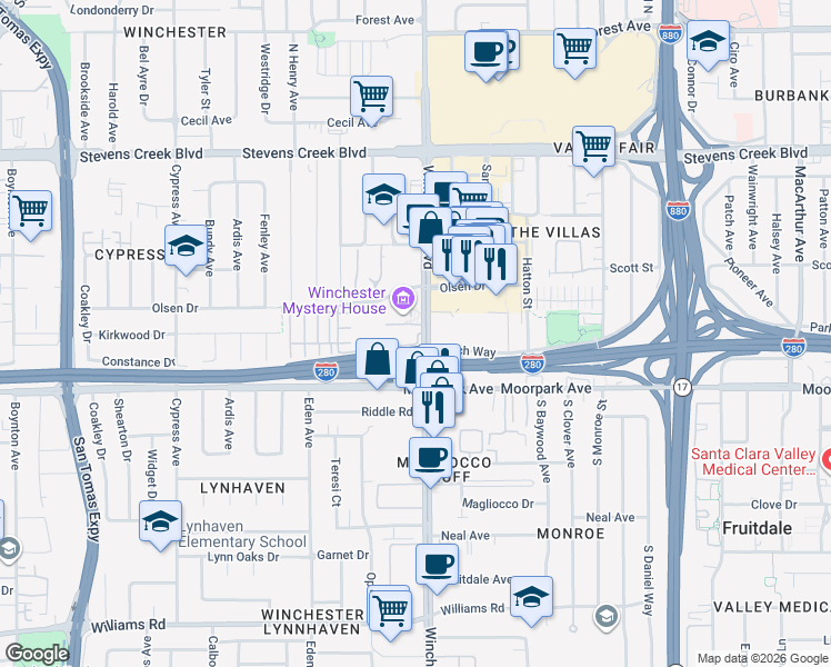 map of restaurants, bars, coffee shops, grocery stores, and more near 585 South Winchester Boulevard in San Jose