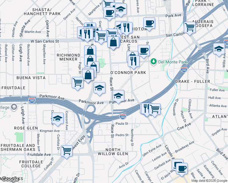 map of restaurants, bars, coffee shops, grocery stores, and more near 500 Race Street in San Jose