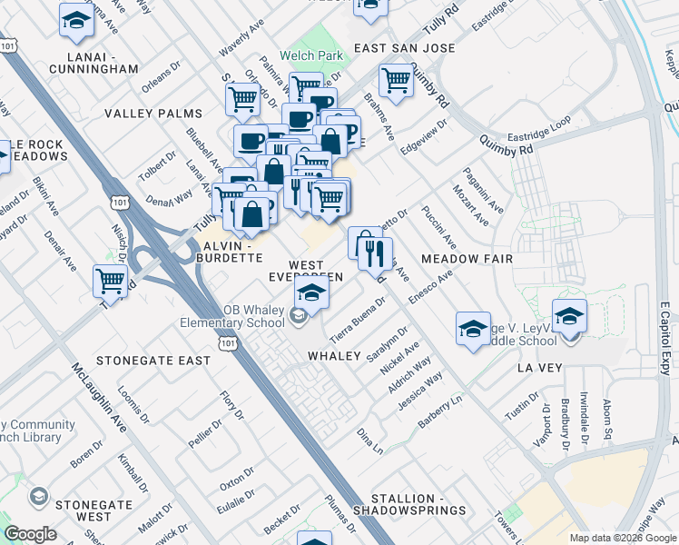 map of restaurants, bars, coffee shops, grocery stores, and more near 2625 South King Road in San Jose