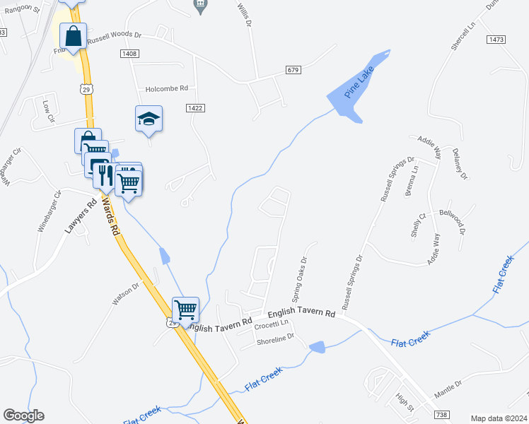 map of restaurants, bars, coffee shops, grocery stores, and more near Gloucester Drive in Lynchburg