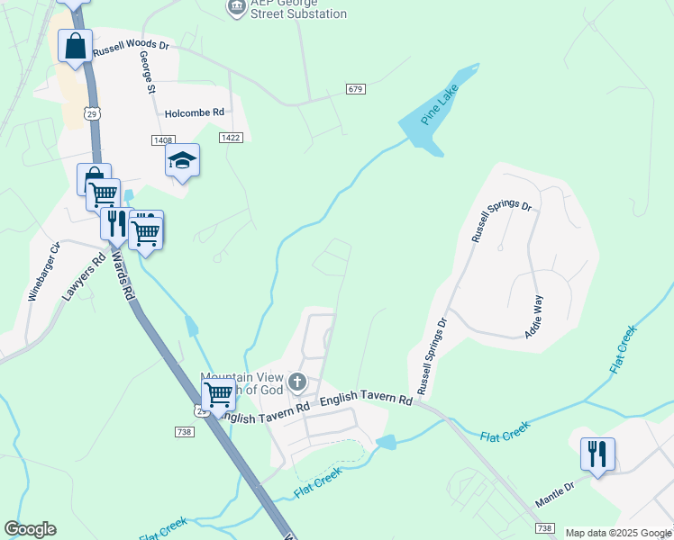 map of restaurants, bars, coffee shops, grocery stores, and more near 143 Squire Circle in Lynchburg