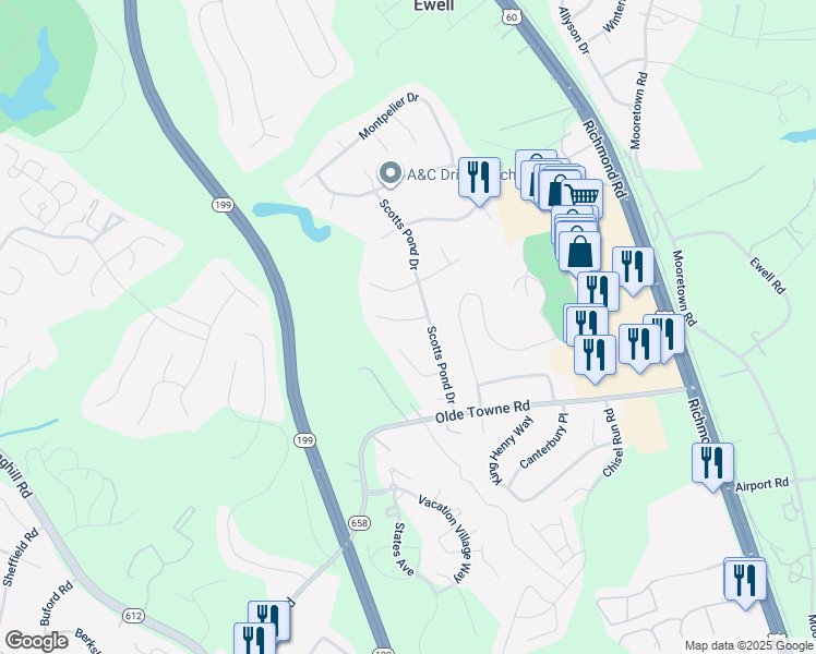 map of restaurants, bars, coffee shops, grocery stores, and more near 5109 Thomas Court in Williamsburg