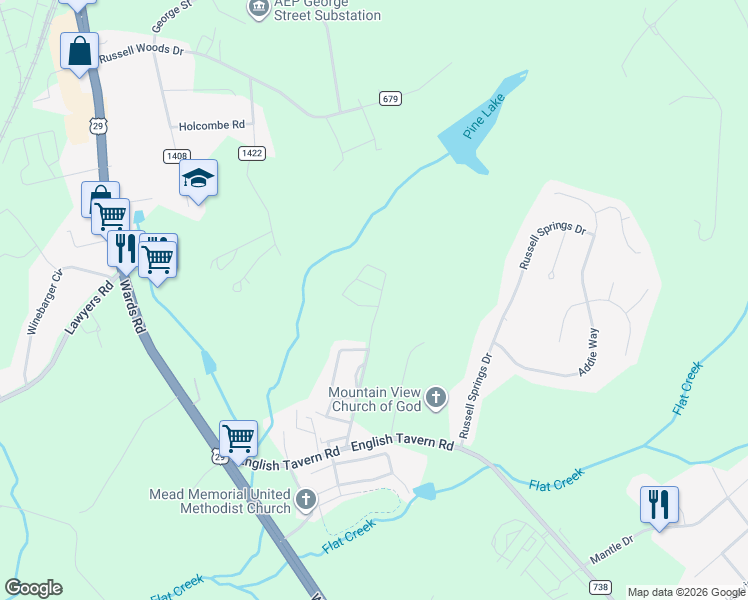 map of restaurants, bars, coffee shops, grocery stores, and more near 143 Squire Circle in Lynchburg