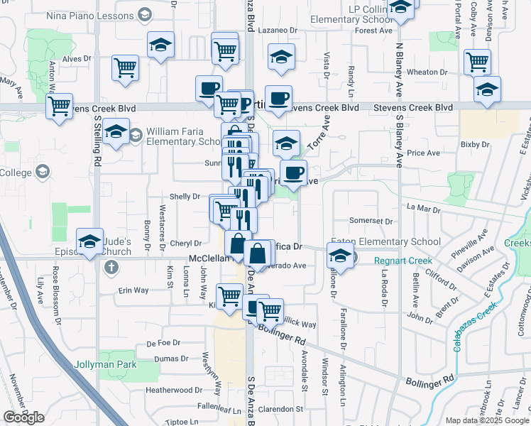 map of restaurants, bars, coffee shops, grocery stores, and more near 20500 Town Center Lane in Cupertino
