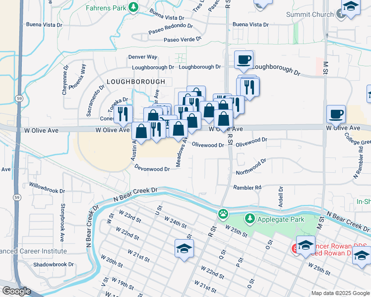 map of restaurants, bars, coffee shops, grocery stores, and more near 3051-3099 Meadows Avenue in Merced