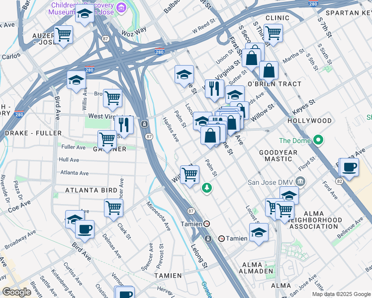 map of restaurants, bars, coffee shops, grocery stores, and more near 922 Harliss Avenue in San Jose