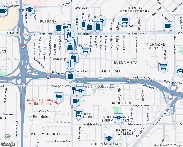 map of restaurants, bars, coffee shops, grocery stores, and more near 541 Raymond Avenue in San Jose