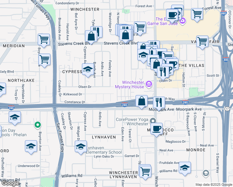 map of restaurants, bars, coffee shops, grocery stores, and more near 611 Redberry Way in San Jose