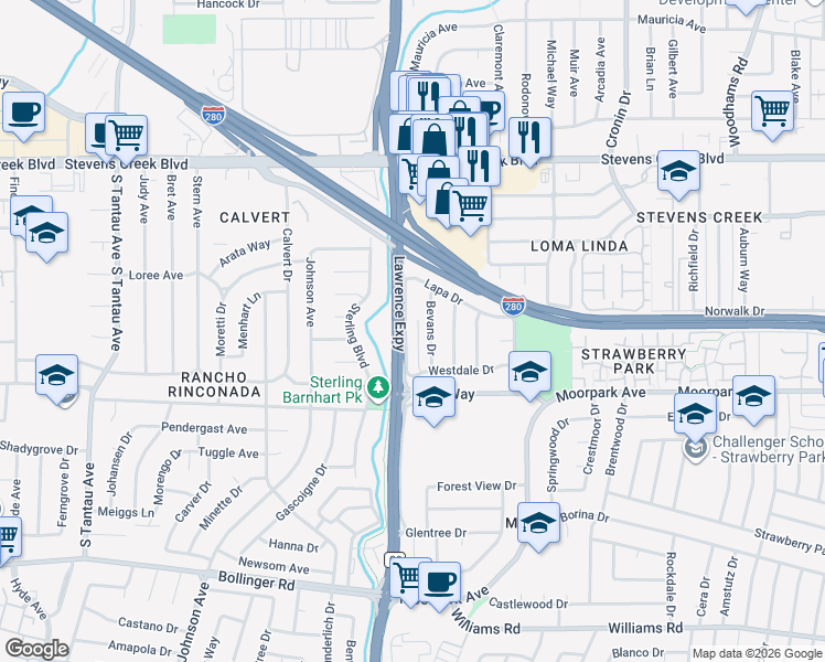 map of restaurants, bars, coffee shops, grocery stores, and more near 492 Doyle Road in San Jose