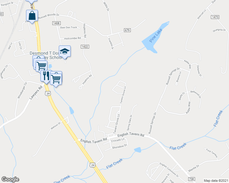 map of restaurants, bars, coffee shops, grocery stores, and more near 64 Squire Circle in Lynchburg