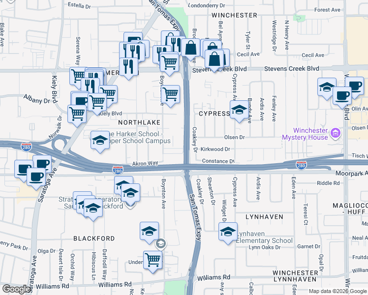 map of restaurants, bars, coffee shops, grocery stores, and more near 480 Boynton Avenue in San Jose