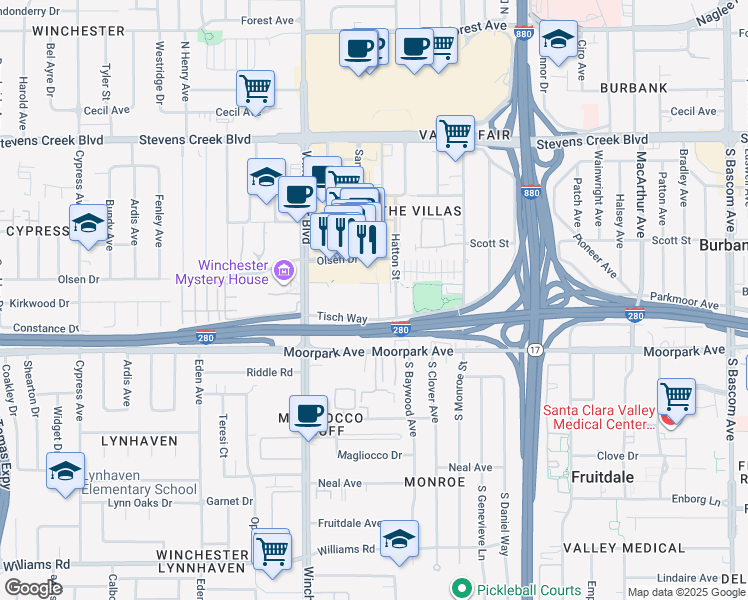 map of restaurants, bars, coffee shops, grocery stores, and more near 3031 Tisch Way in San Jose