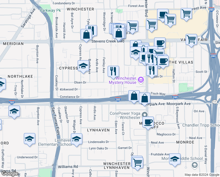 map of restaurants, bars, coffee shops, grocery stores, and more near 611 Redberry Way in San Jose