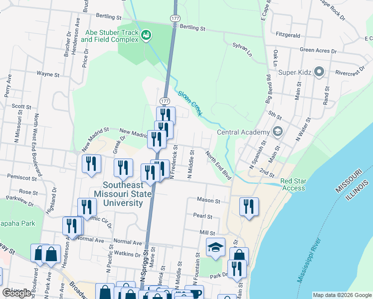 map of restaurants, bars, coffee shops, grocery stores, and more near 1037 North Middle Street in Cape Girardeau