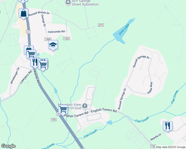 map of restaurants, bars, coffee shops, grocery stores, and more near Gloucester Drive in Lynchburg