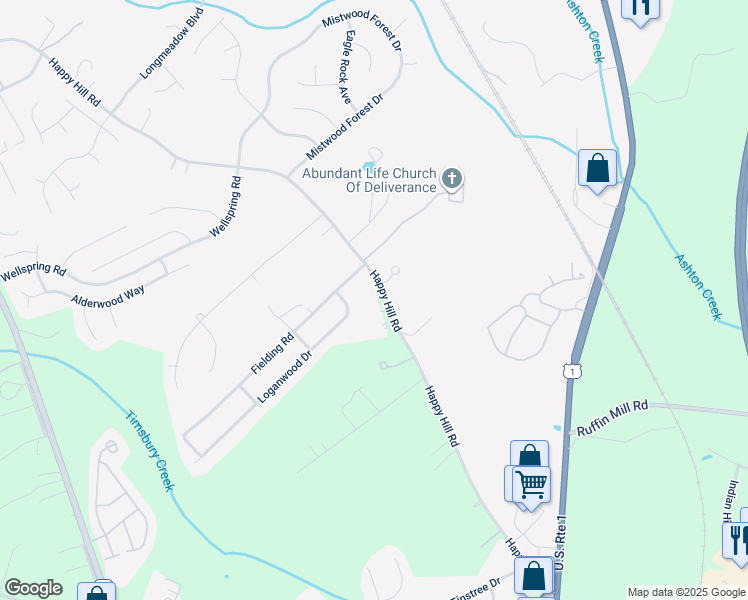map of restaurants, bars, coffee shops, grocery stores, and more near 14818 Happy Hill Road in Chesterfield County