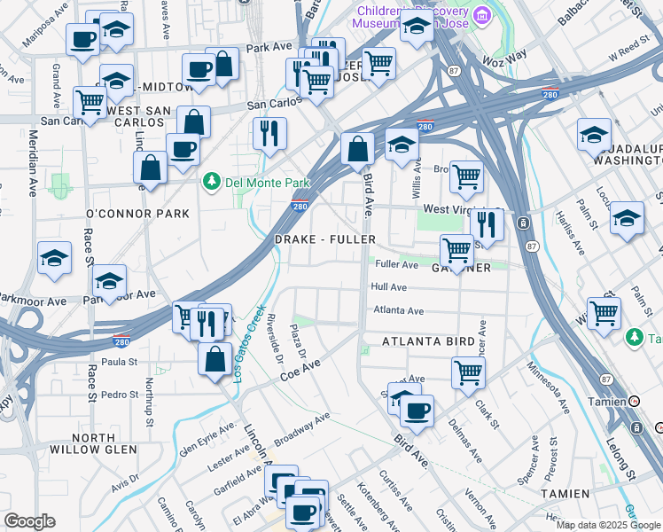 map of restaurants, bars, coffee shops, grocery stores, and more near 658 Fuller Avenue in San Jose