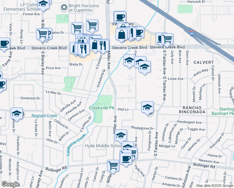 map of restaurants, bars, coffee shops, grocery stores, and more near 10380 Miller Avenue in Cupertino