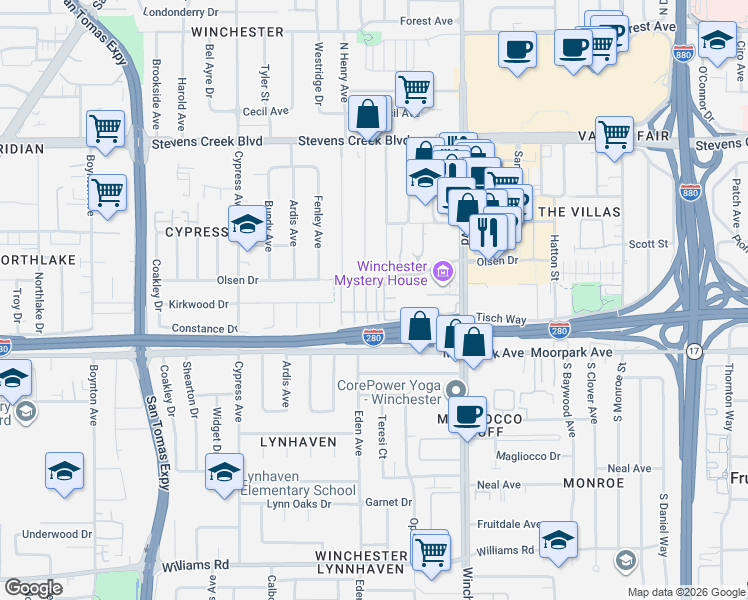 map of restaurants, bars, coffee shops, grocery stores, and more near 549 Yale Way in San Jose