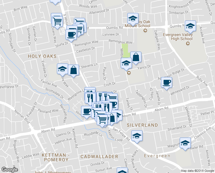 map of restaurants, bars, coffee shops, grocery stores, and more near 2816 Croft Drive in San Jose