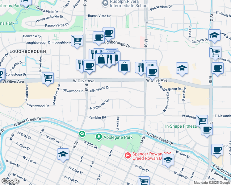 map of restaurants, bars, coffee shops, grocery stores, and more near 860 Olivewood Drive in Merced