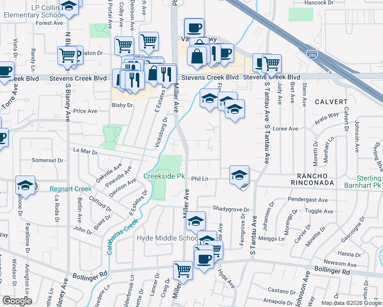 map of restaurants, bars, coffee shops, grocery stores, and more near 10380 Miller Avenue in Cupertino