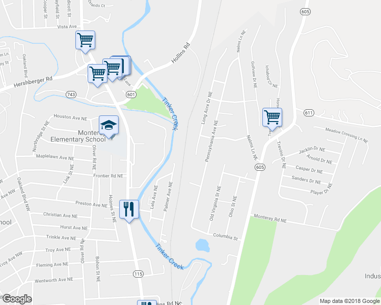 map of restaurants, bars, coffee shops, grocery stores, and more near 4519 Long Acre Drive Northeast in Roanoke