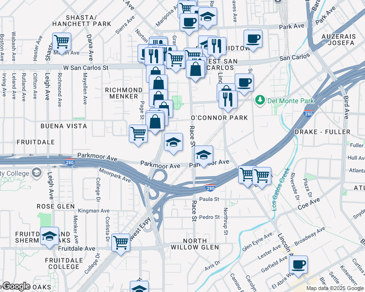 map of restaurants, bars, coffee shops, grocery stores, and more near 507 Harmon Avenue in San Jose