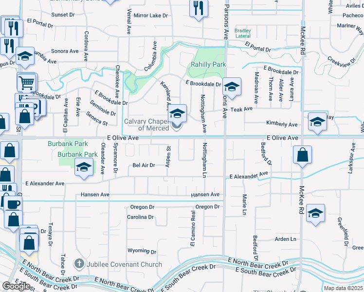 map of restaurants, bars, coffee shops, grocery stores, and more near 1408 East Olive Avenue in Merced