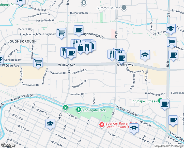 map of restaurants, bars, coffee shops, grocery stores, and more near 860 Olivewood Drive in Merced