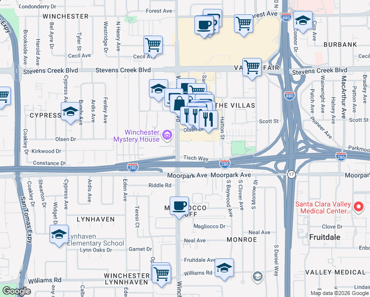 map of restaurants, bars, coffee shops, grocery stores, and more near in San Jose