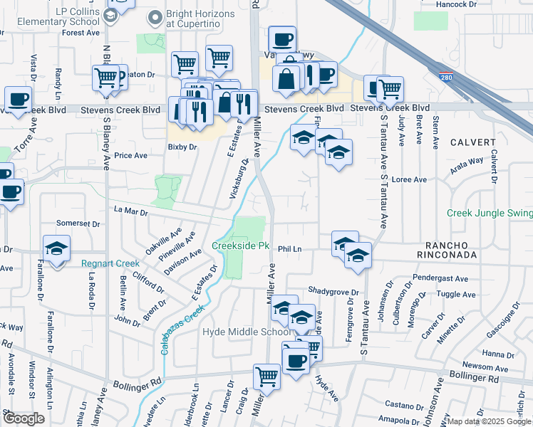 map of restaurants, bars, coffee shops, grocery stores, and more near 19444 Greenwood Drive in Cupertino